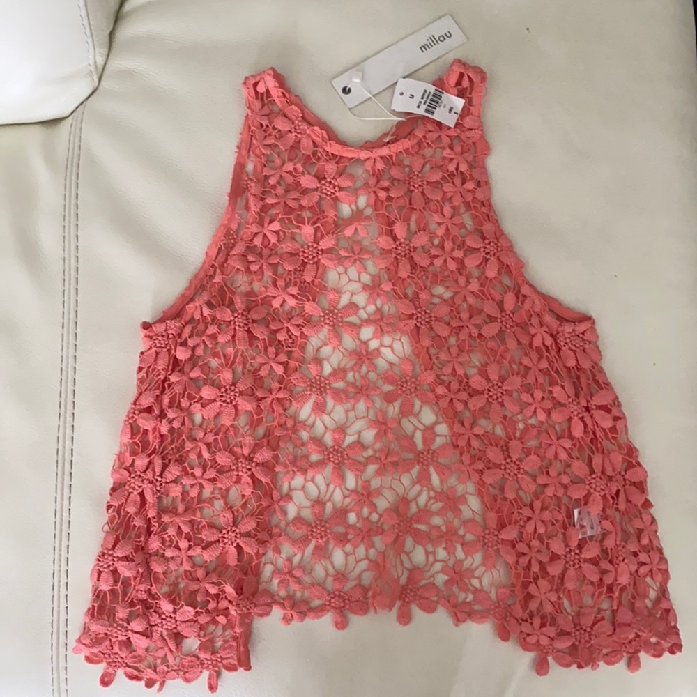 LF Millau Pink Crochet Cover Up Open Back Top S